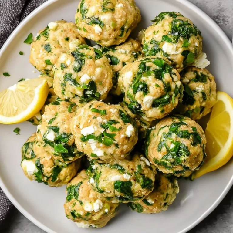 Delicious chicken meatballs with feta and spinach served in a bowl