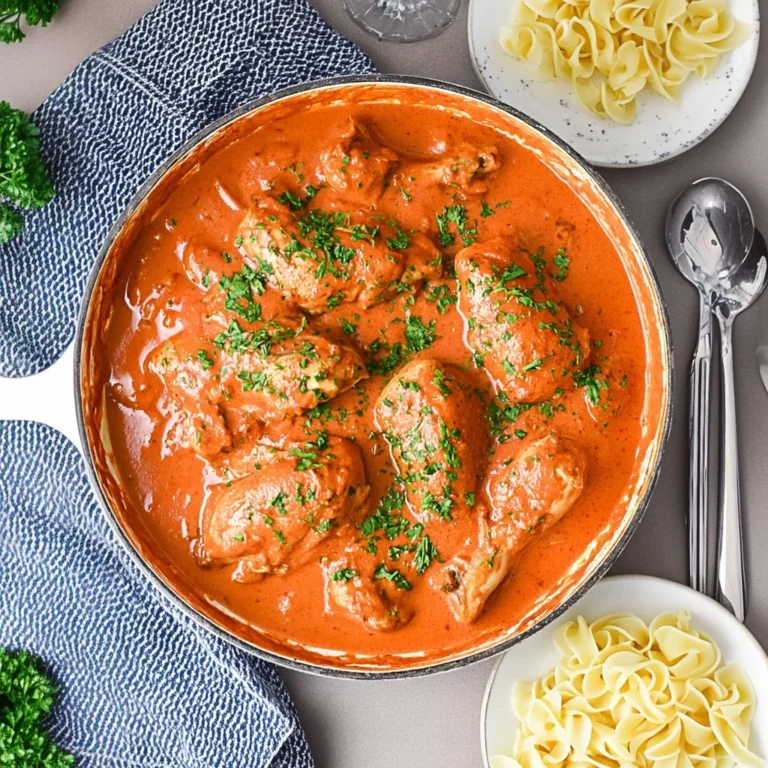 A delicious plate of Chicken Paprikash served with creamy paprika sauce.