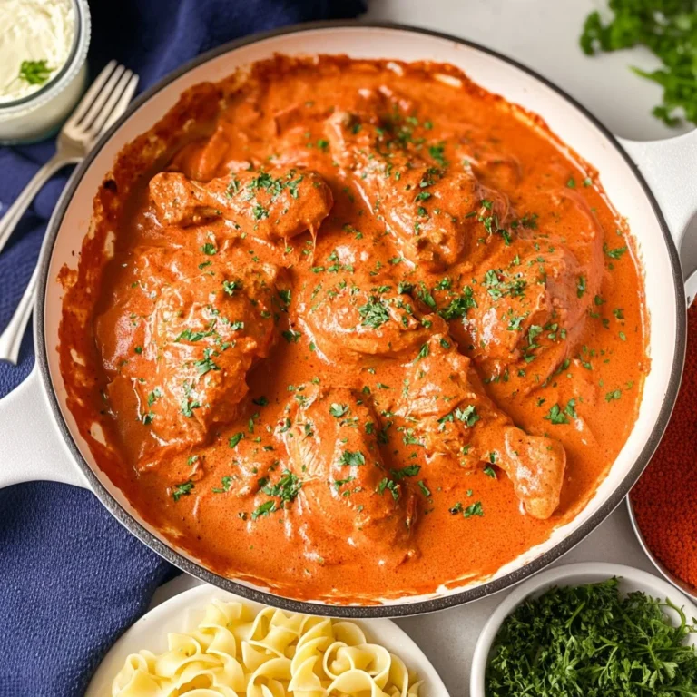 Delicious Chicken Paprikash served with creamy sauce and paprika
