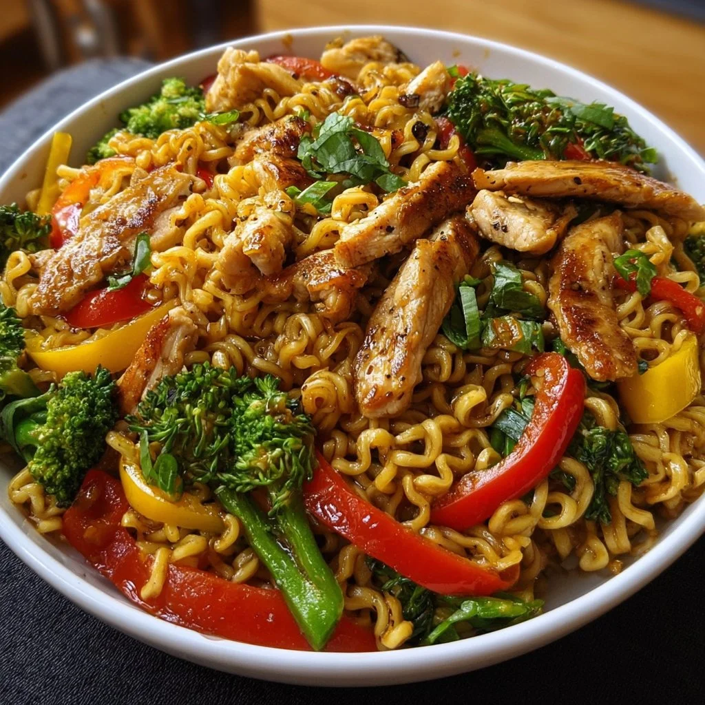 Stir fry chicken ramen with juicy chicken, crispy vegetables, and creamy sauce