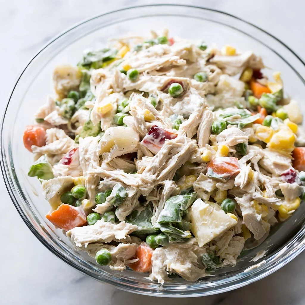 Delicious Chicken Salad in a bowl garnished with fresh herbs and vegetables