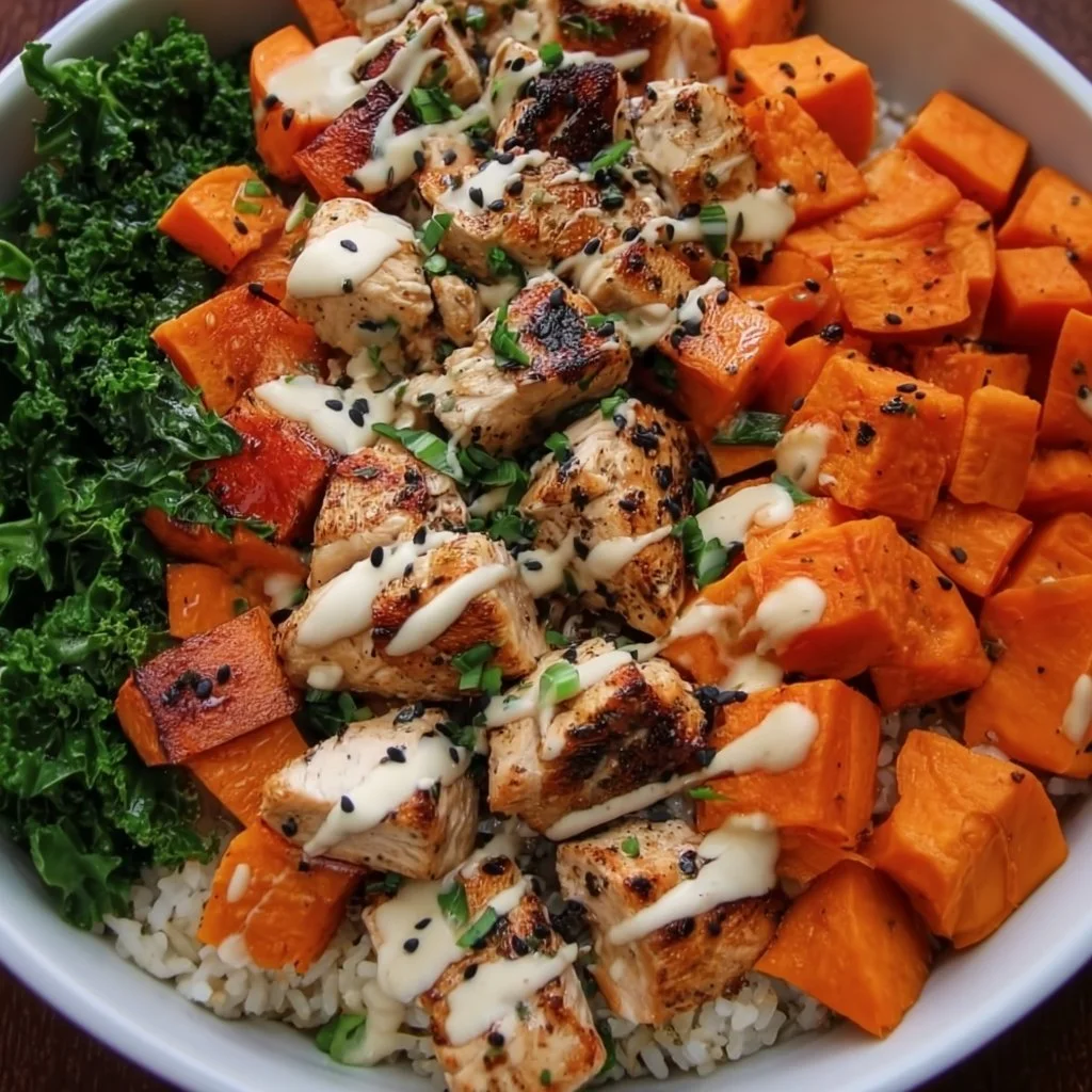 Delicious Chicken Sweet Potato Rice Bowl served in a vibrant bowl with fresh ingredients.