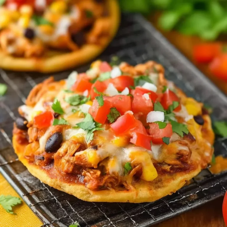 Plate of flavorful Chicken Tostadas topped with vegetables and sauce
