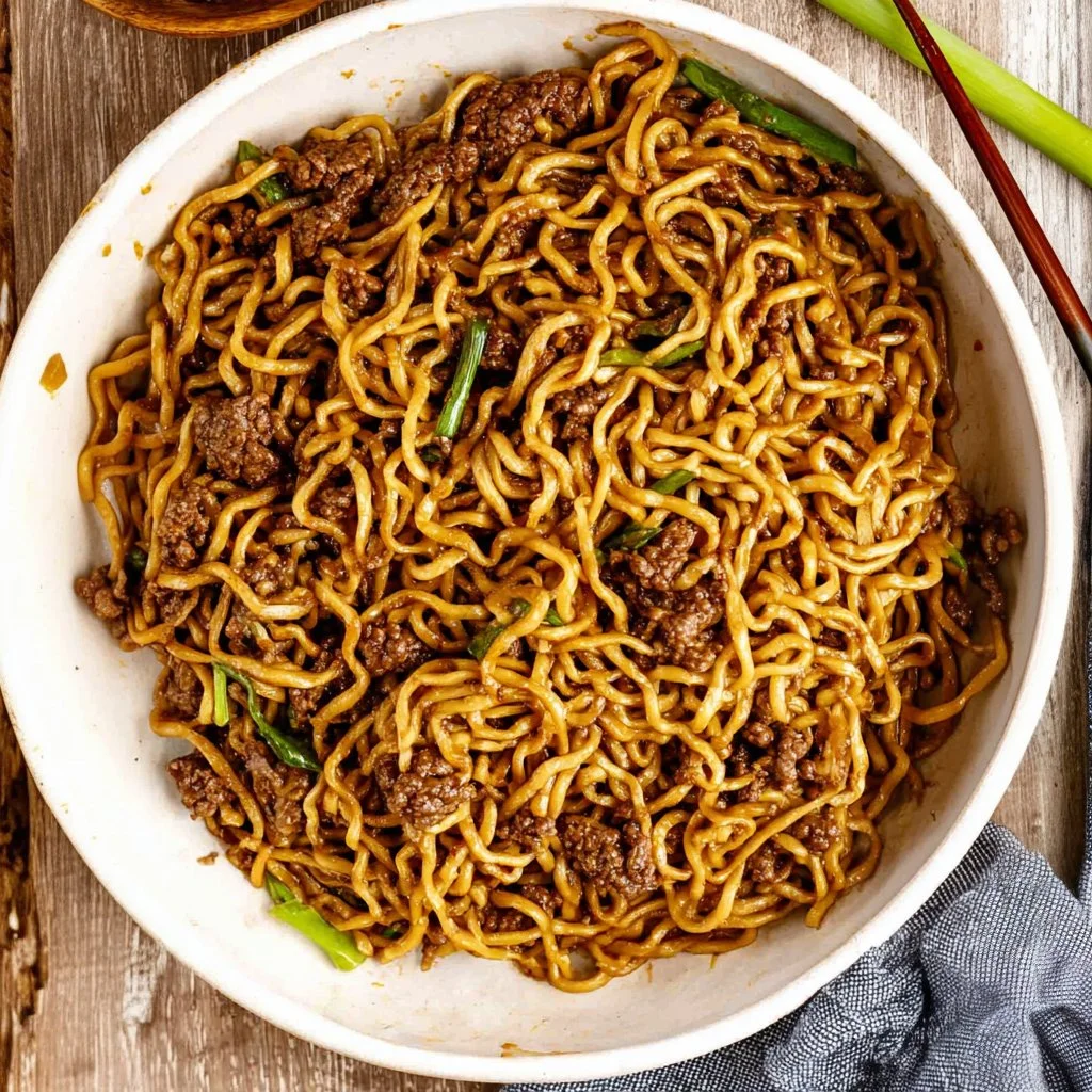 Delicious chili garlic beef noodles served in a bowl with fresh herbs.