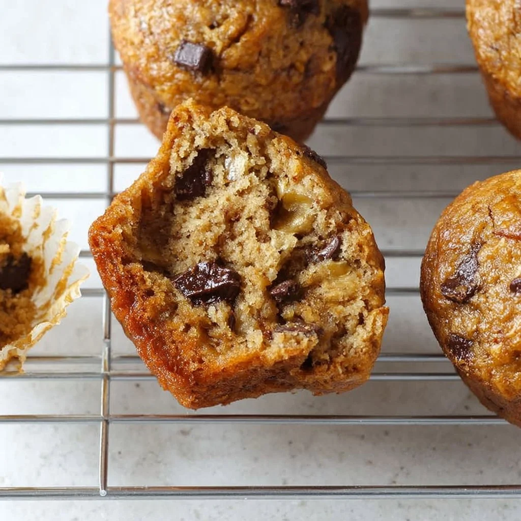Delicious chocolate chunk banana muffins on a rustic wooden table.