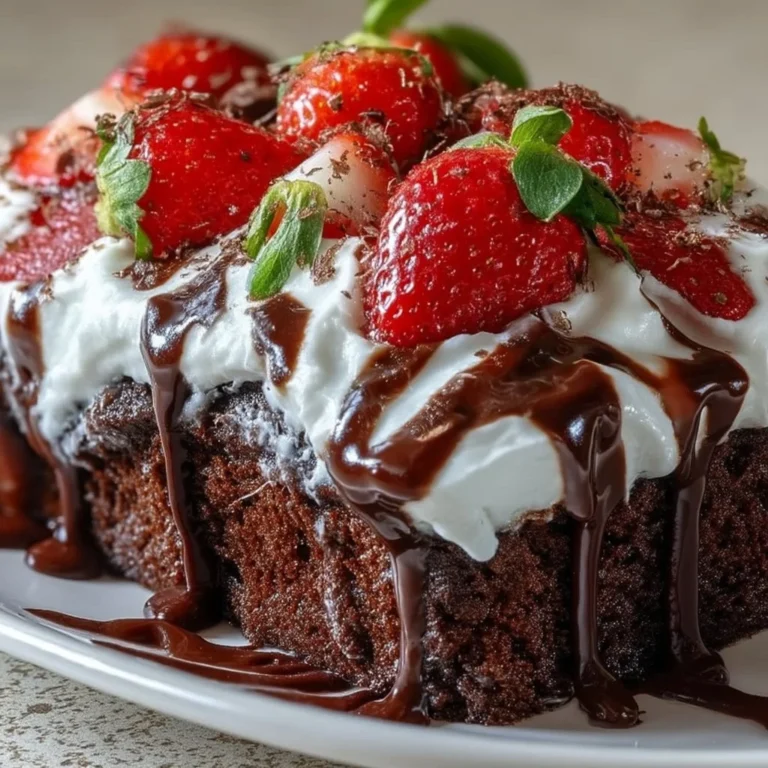 Delicious Chocolate Covered Strawberry Poke Cake with fresh strawberries