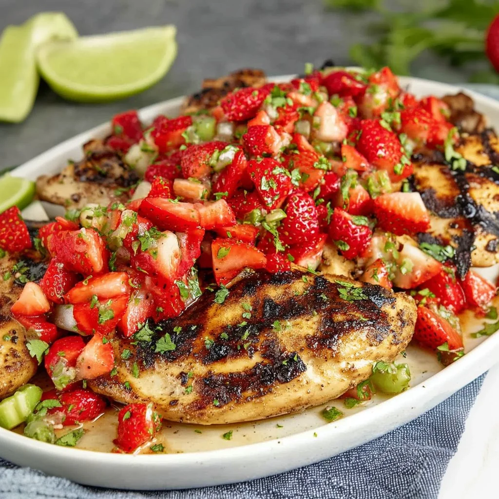 Cilantro lime chicken served with vibrant strawberry salsa