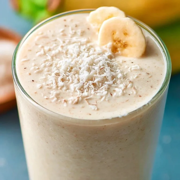 Coconut Banana Smoothie in a glass with tropical fruits and a vibrant background