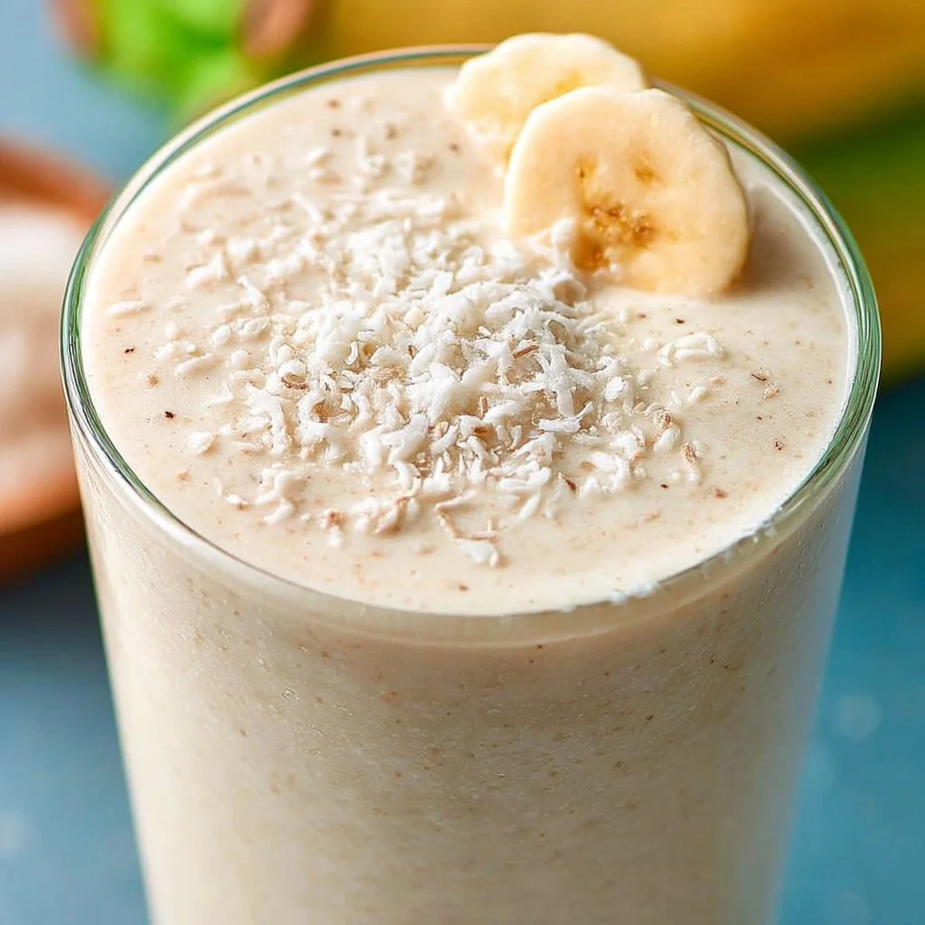 Coconut Banana Smoothie in a glass with tropical fruits and a vibrant background