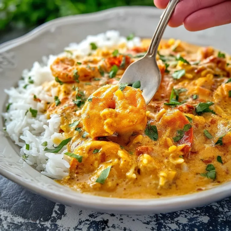 Delicious Coconut Shrimp Curry served with rice and garnished with herbs.
