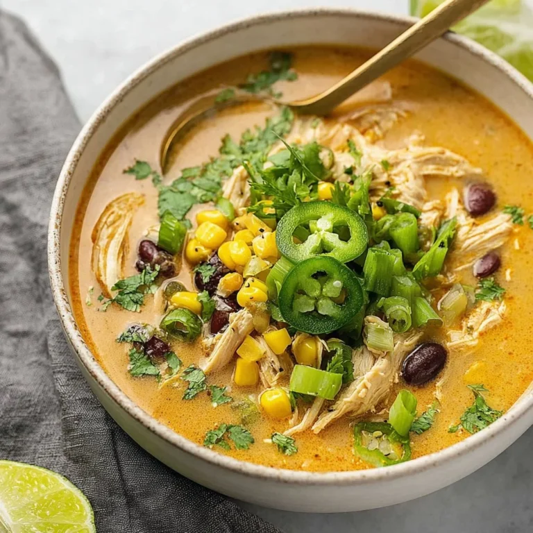 Bowl of comforting chicken poblano soup garnished with fresh herbs.