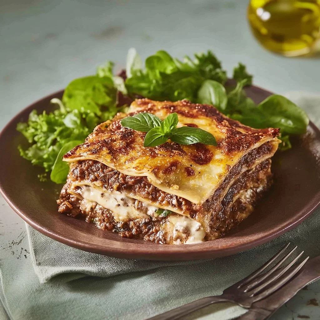 Delicious serving of comforting vegetarian lasagne with layers of fresh veggies and cheese