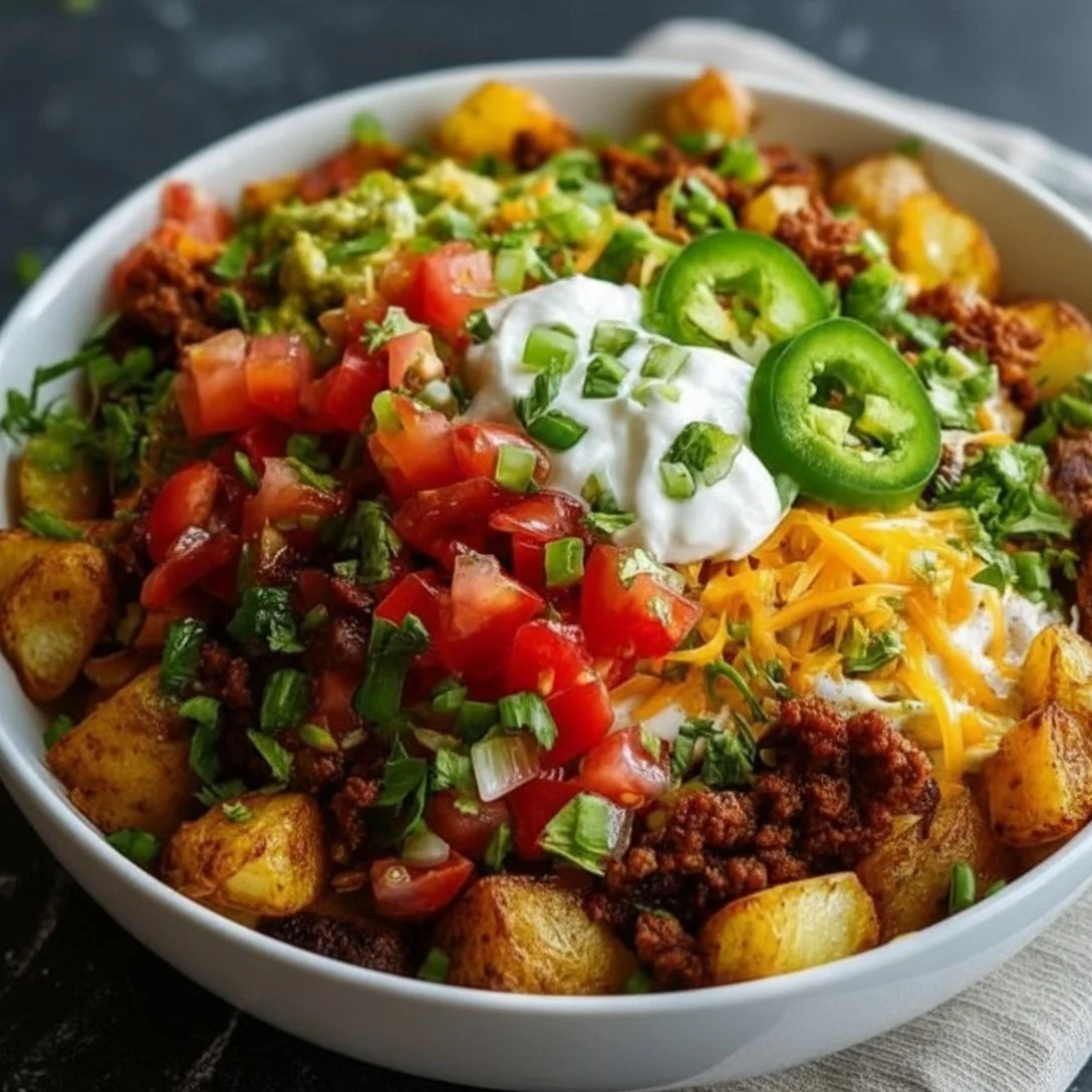 Delicious loaded potato taco bowls topped with fresh ingredients.