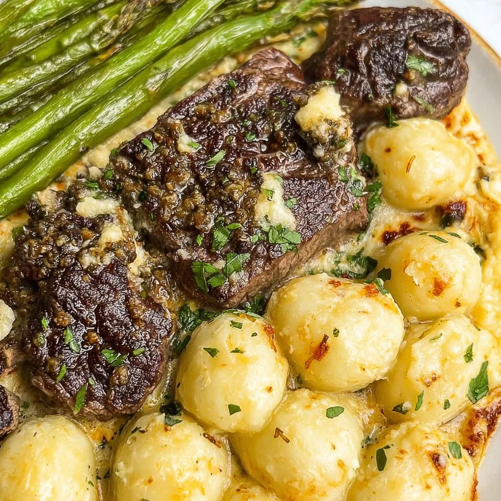 Cooked Cowboy Butter Steak served with roasted potatoes on a plate.