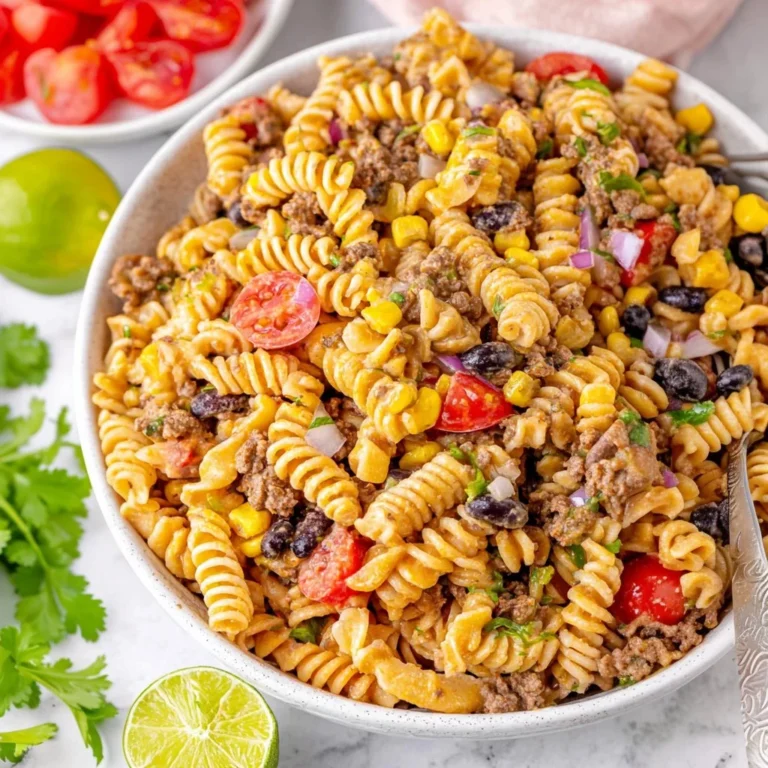 A colorful bowl of Cowboy Pasta Salad with fresh veggies and dressing
