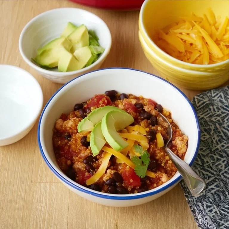 Bowl of turkey quinoa chili topped with cilantro and avocado slices.