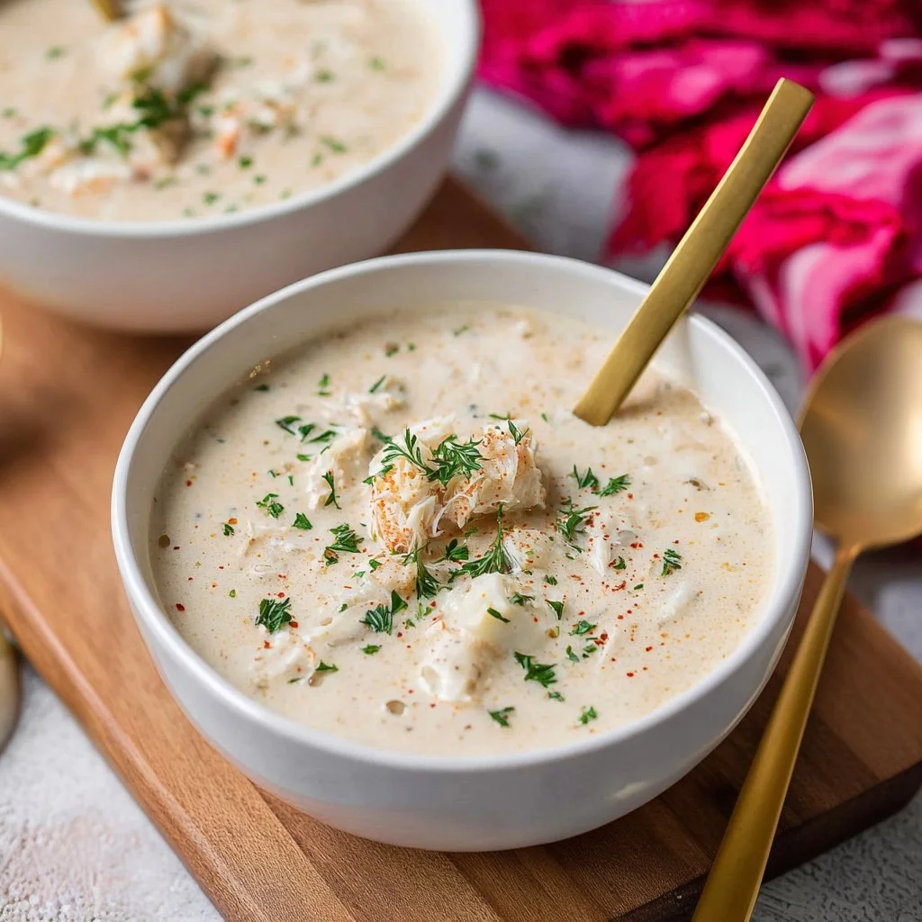 Delicious cream of crab soup in a bowl, garnished and ready to serve.