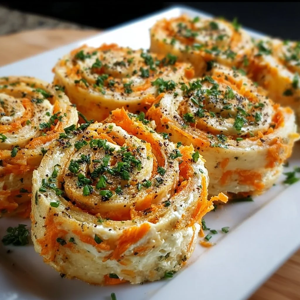 Creamy carrot pinwheels garnished and ready to serve as a wholesome snack