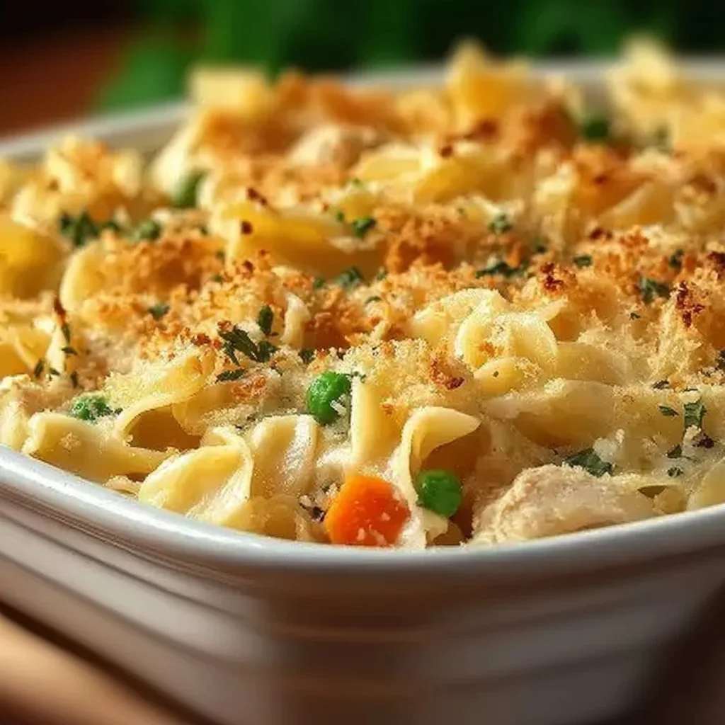 Creamy chicken noodle casserole served in a bowl for family dinner