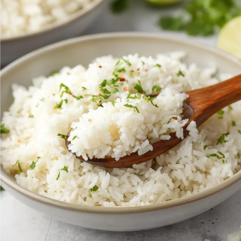 Creamy coconut rice dish served in a bowl, garnished with herbs