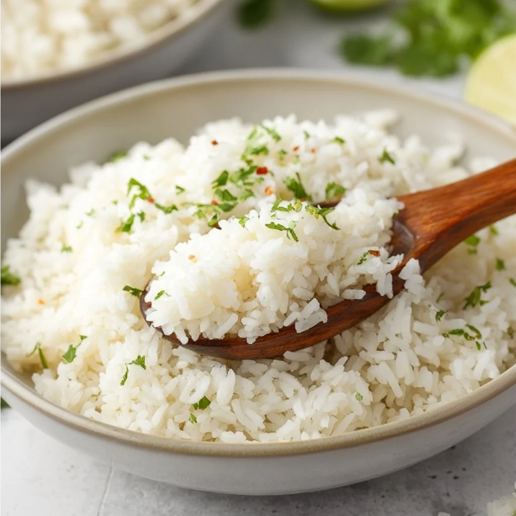 Creamy coconut rice dish served in a bowl, garnished with herbs