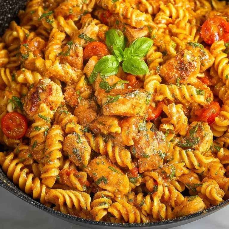 Creamy tomato chicken pasta served on a plate with herbs and parmesan cheese