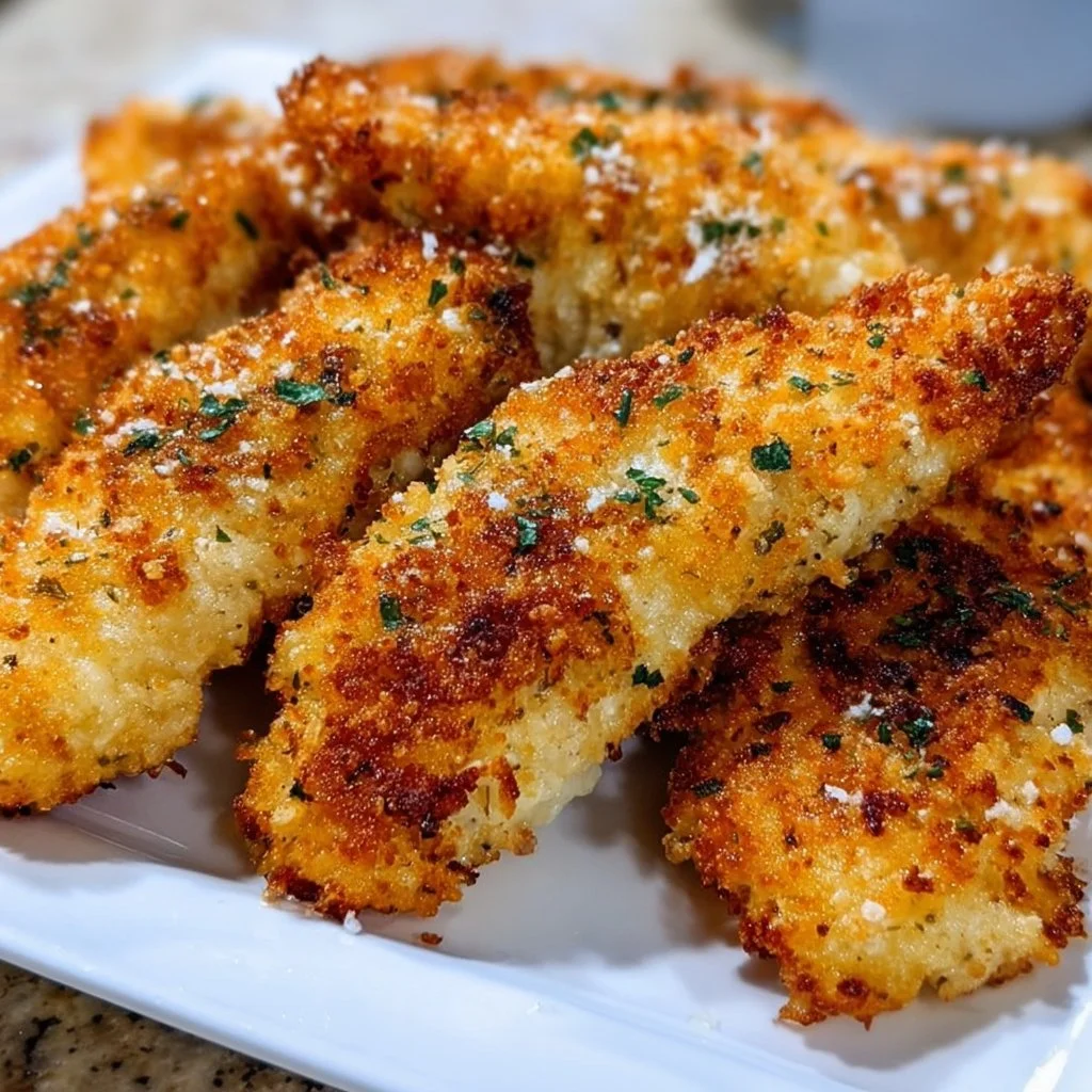 Crispy lemon garlic parmesan chicken tenders on a plate, golden and delicious.