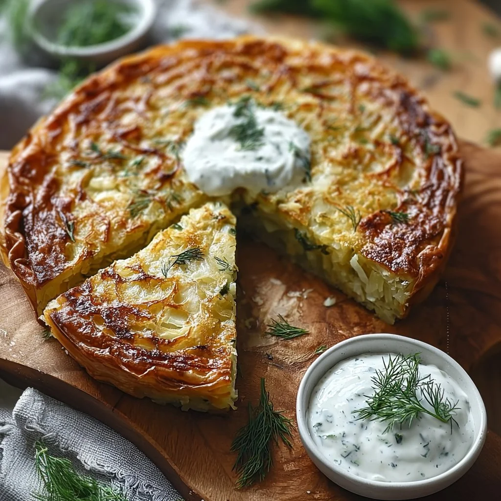 Crispy Cabbage Pie served with Dill Cream Sauce on a rustic plate