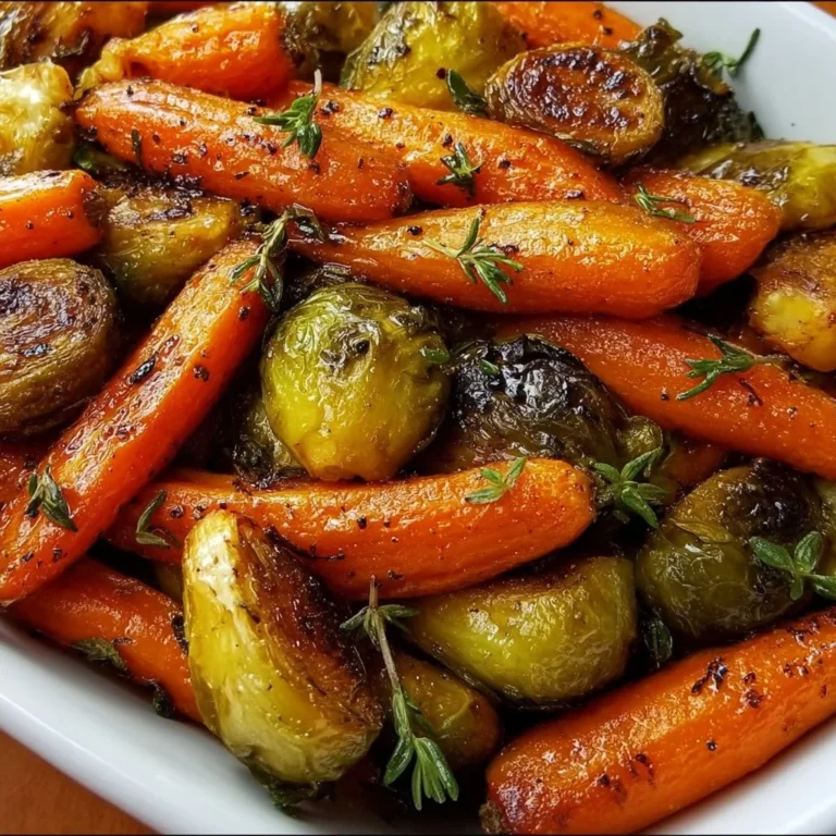 Crispy maple glazed carrots and Brussels sprouts served on a plate.