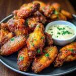 Crispy oven baked chicken wings served with dipping sauce