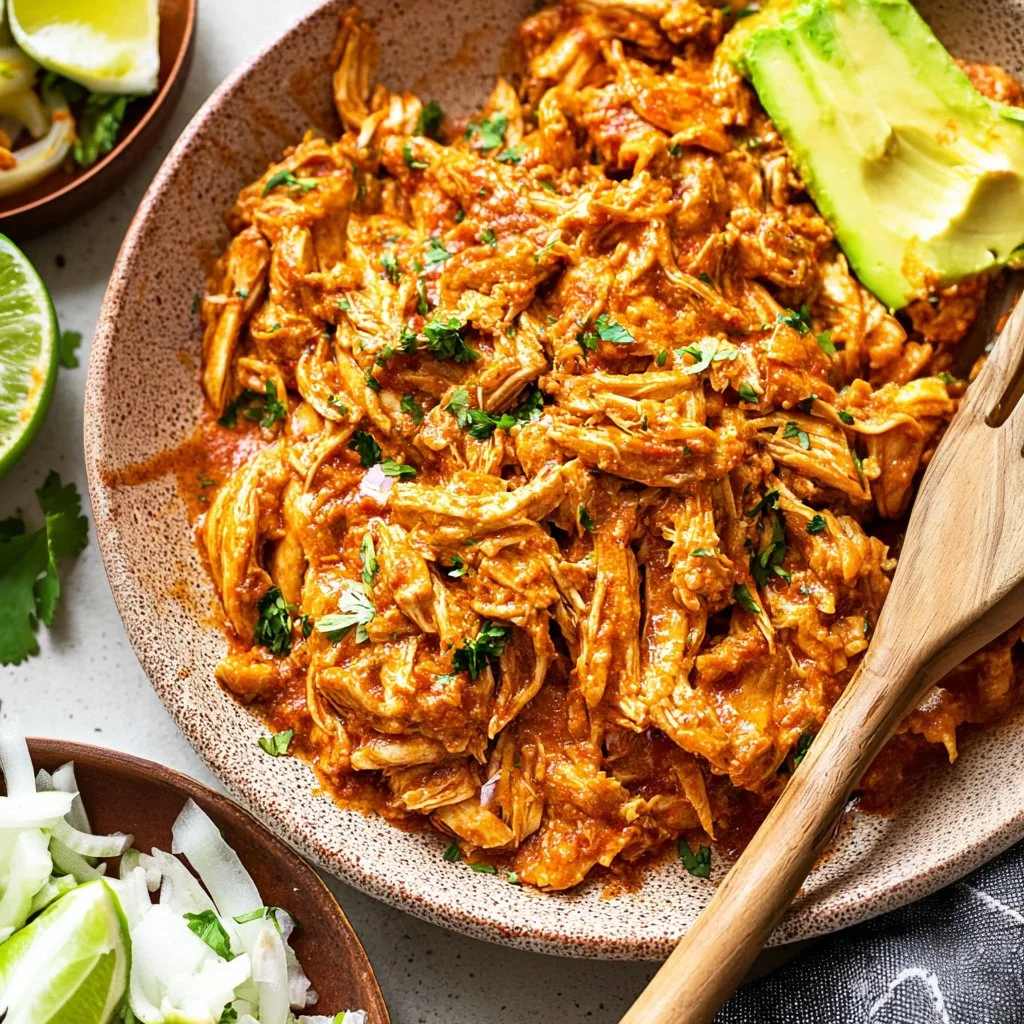 Delicious Chicken Tinga recipe served with toppings in a colorful bowl.