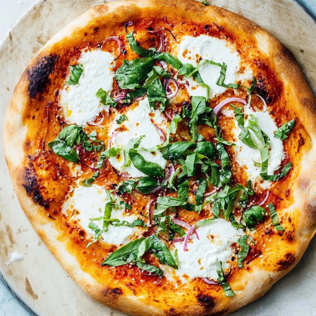 Delicious goat cheese pizza served with fresh herbs and toppings