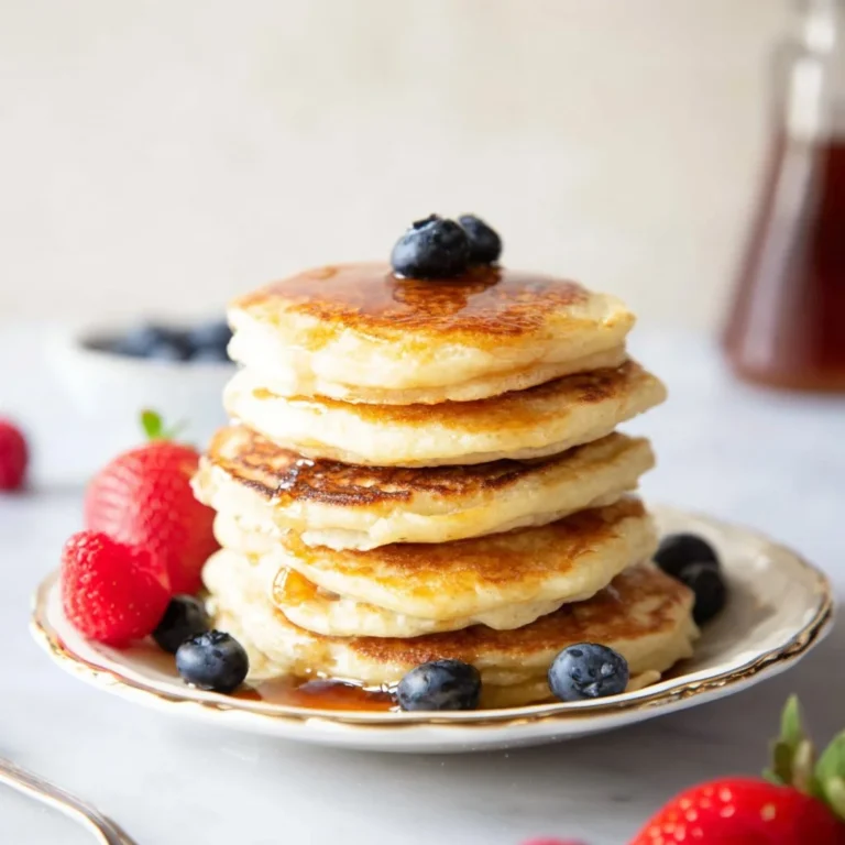 Fluffy Greek yogurt pancakes served with fresh fruit and maple syrup
