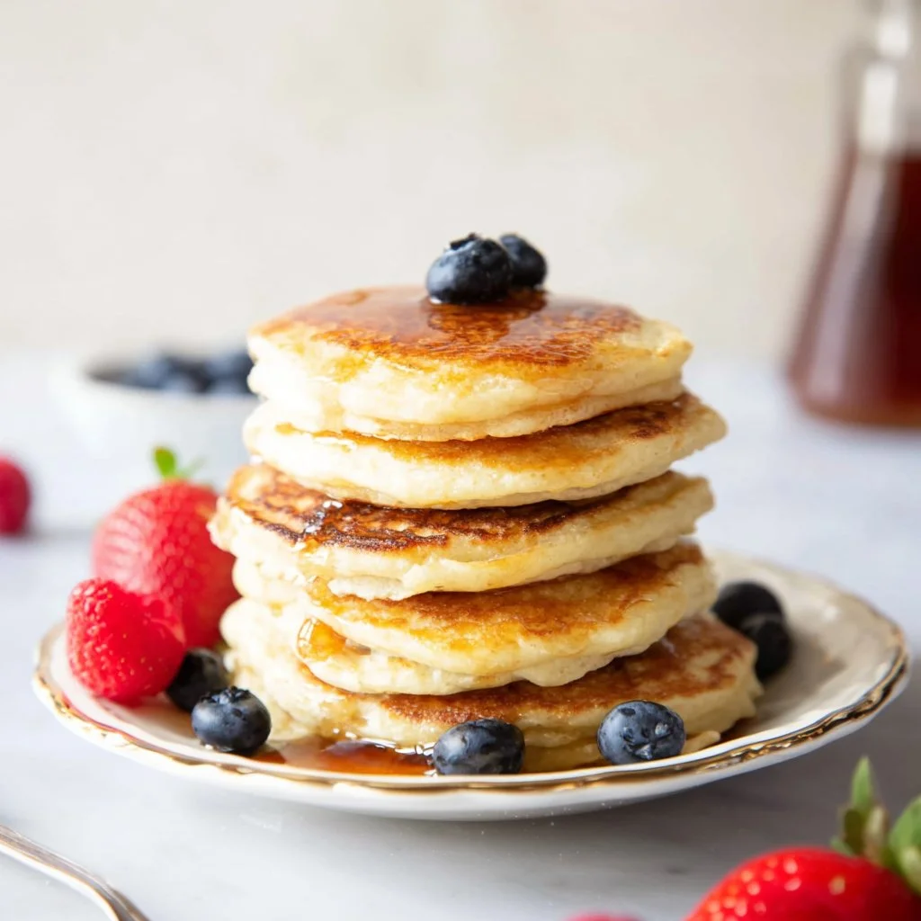 Fluffy Greek yogurt pancakes served with fresh fruit and maple syrup