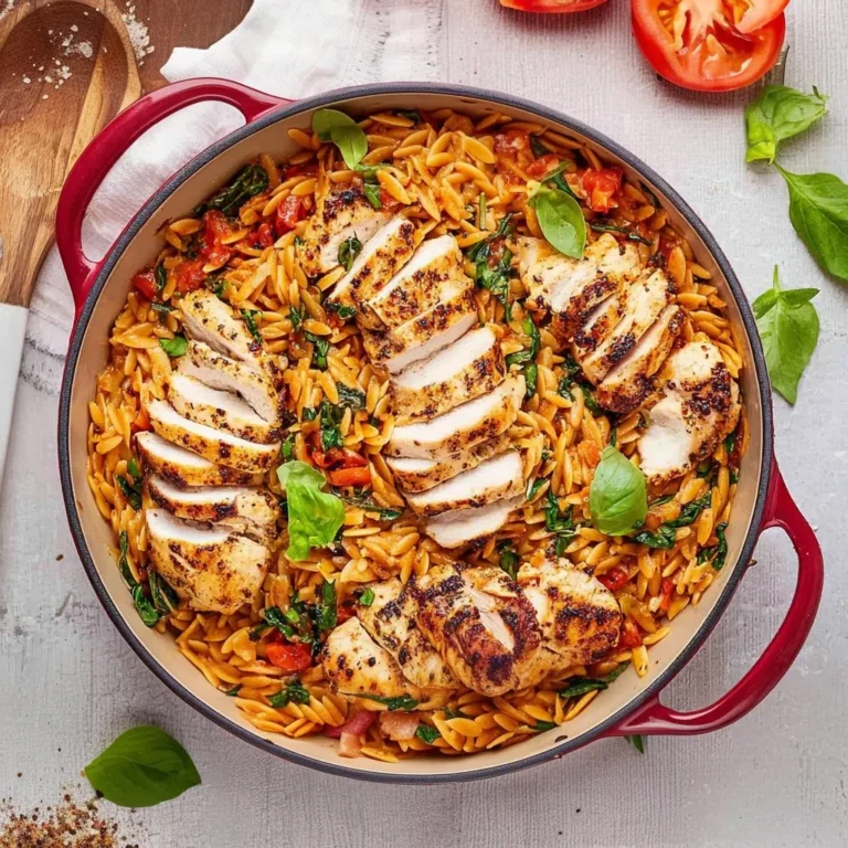 Delicious Tuscan Chicken Orzo served in a bowl with fresh herbs