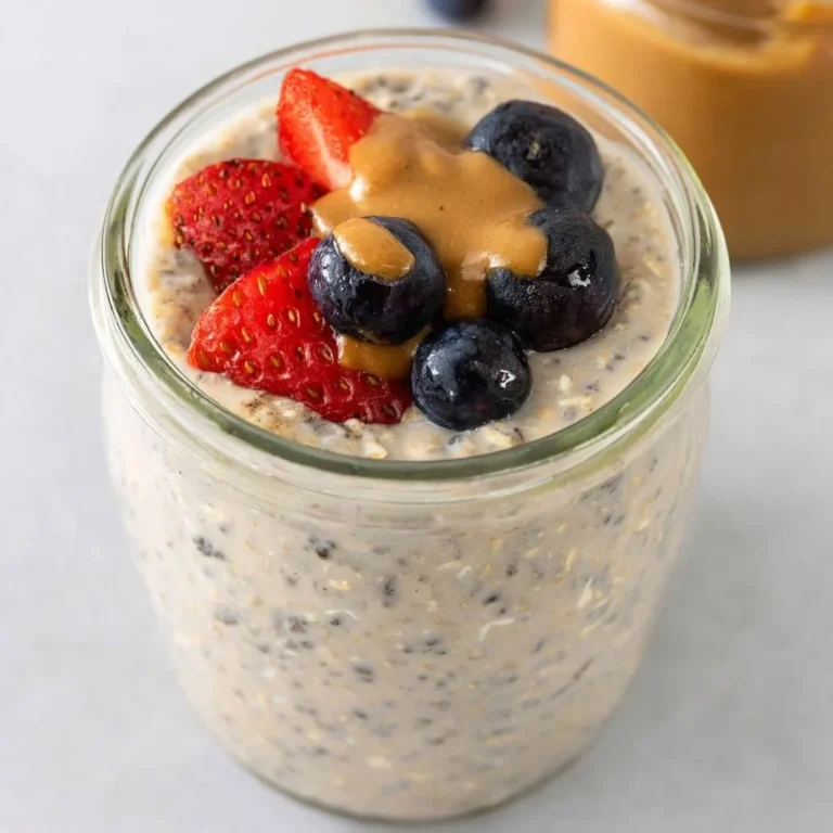 Bowl of delicious protein overnight oats topped with fresh fruits.