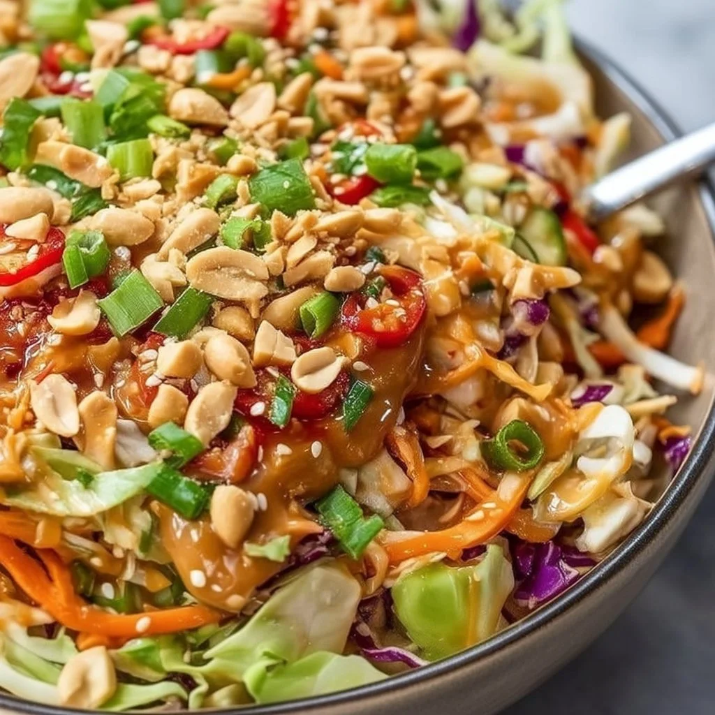 Thai Peanut Salad with colorful vegetables and creamy peanut dressing