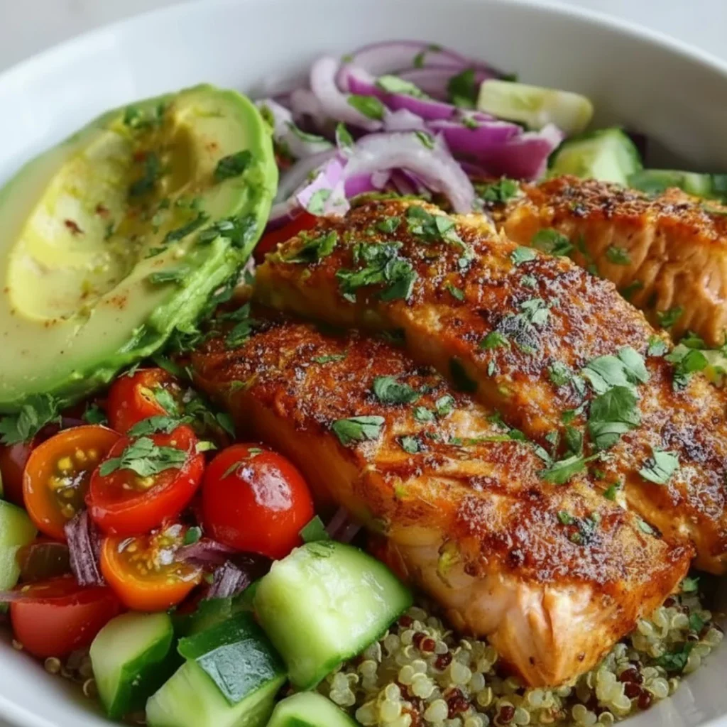 Delicious avocado salmon bowl filled with fresh ingredients and vibrant colors.