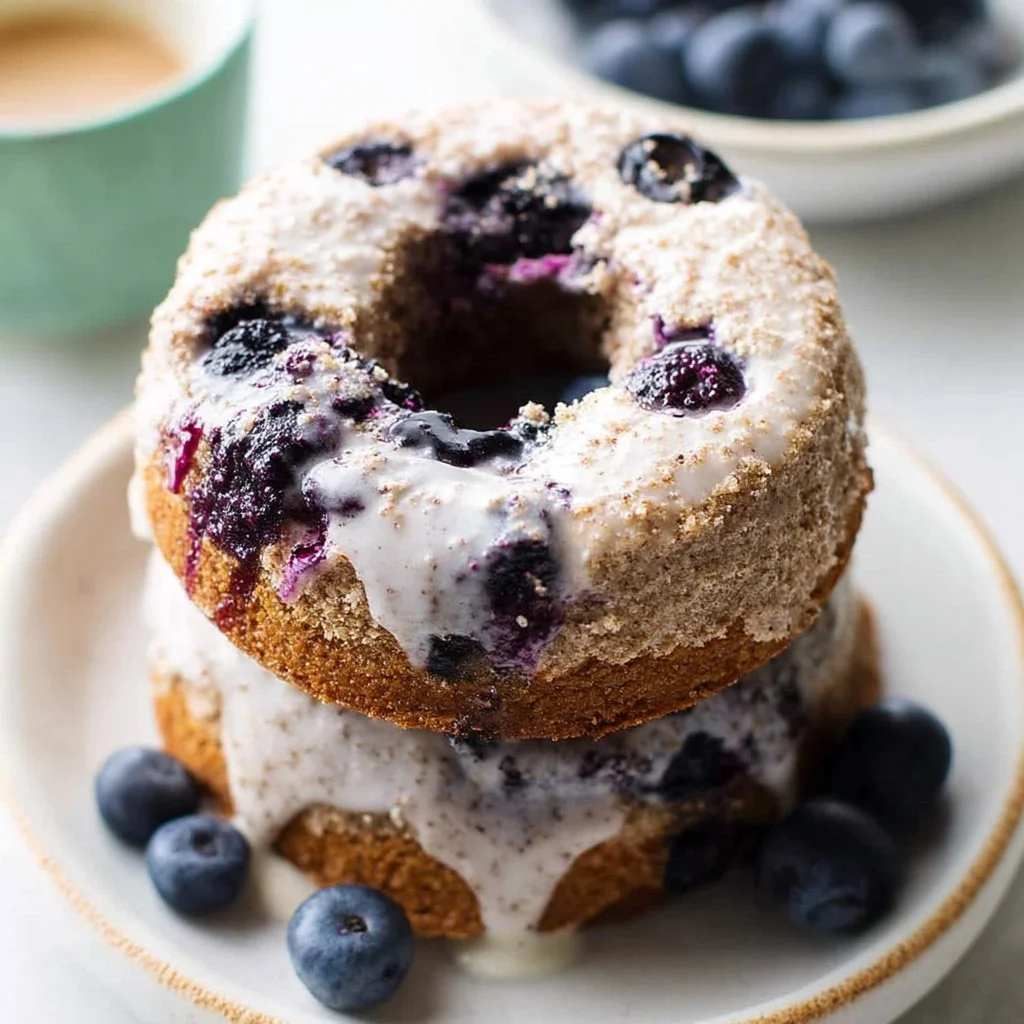 Blueberry protein donuts on a plate, perfect for a healthy breakfast.