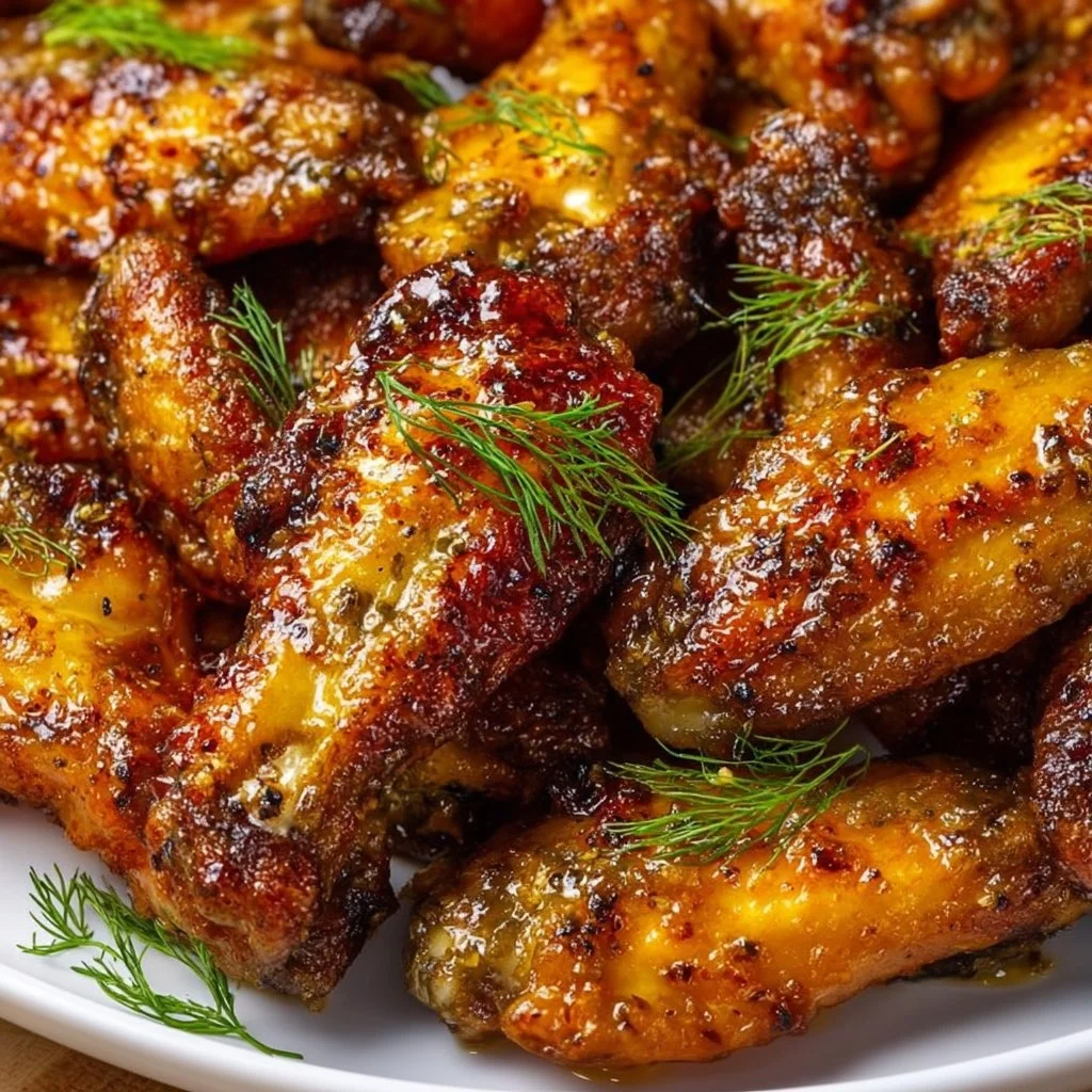 Crispy dill pickle chicken wings served on a plate with dipping sauce