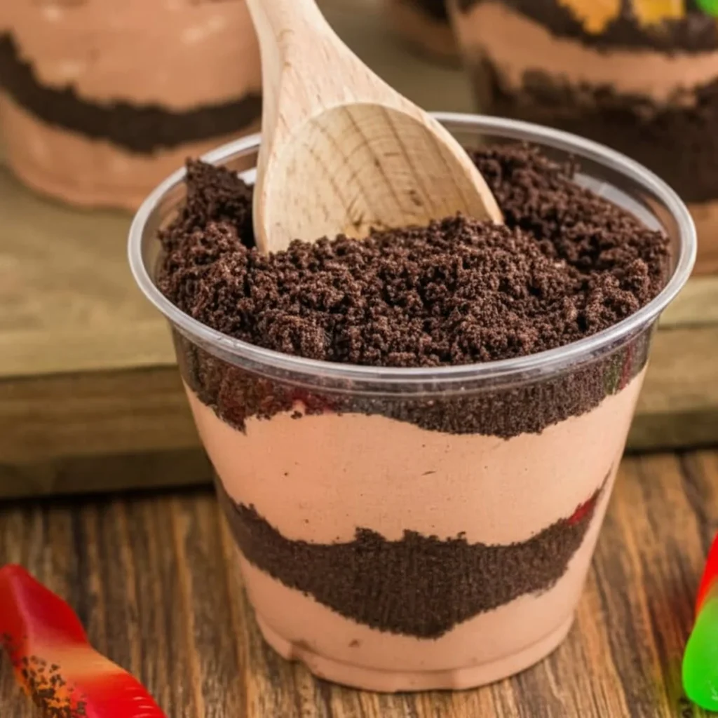 Delicious dirt cake topped with crushed Oreos and gummy worms in a decorative serving dish.