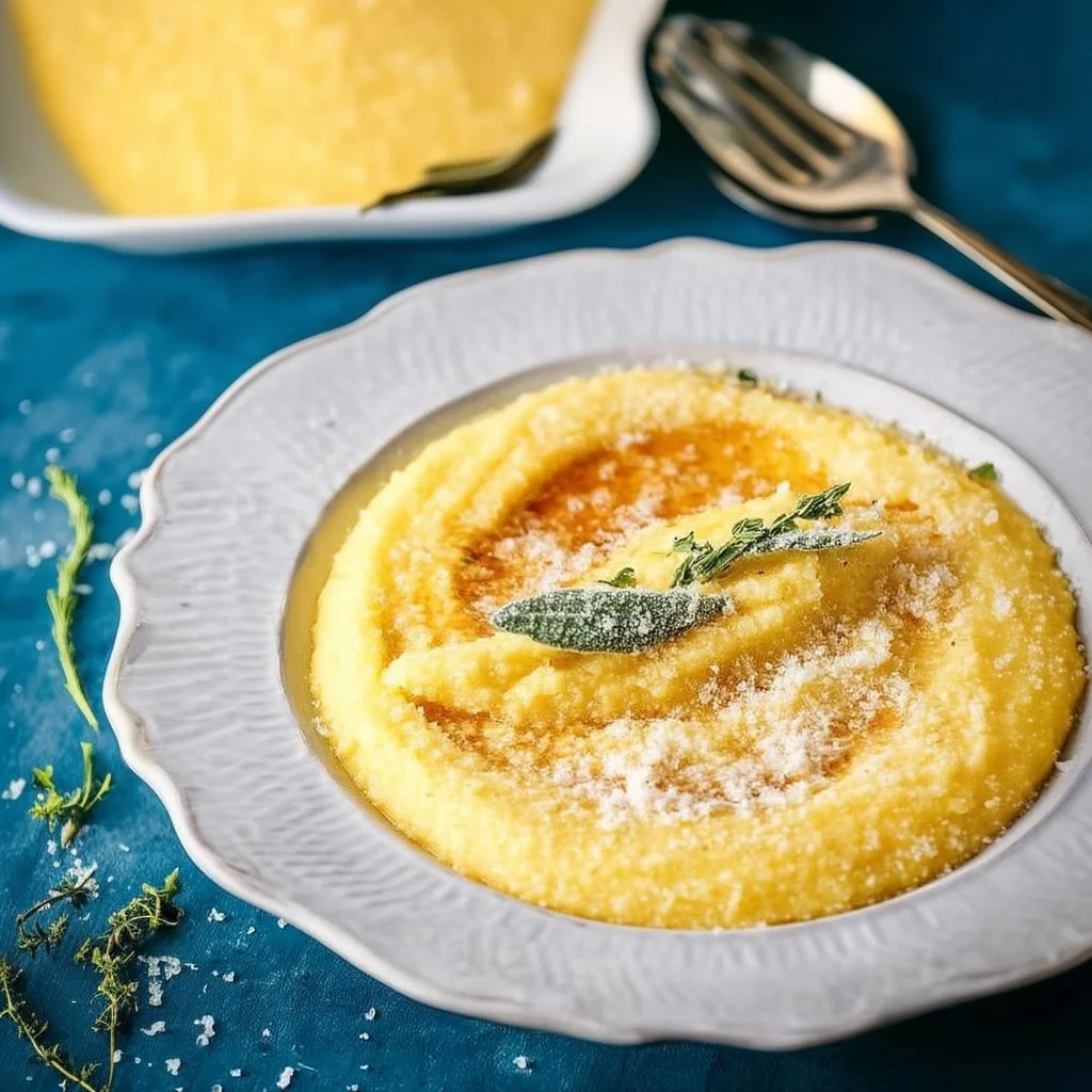 Deliciously creamy polenta served with fresh herbs and vegetables