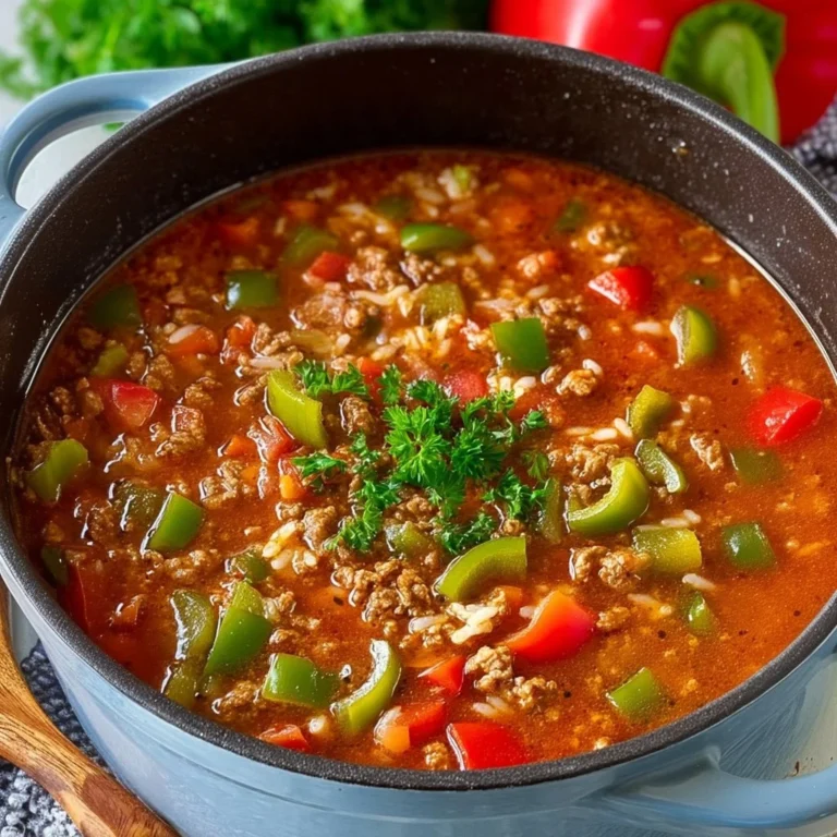 Bowl of hearty stuffed pepper soup with colorful peppers and herbs