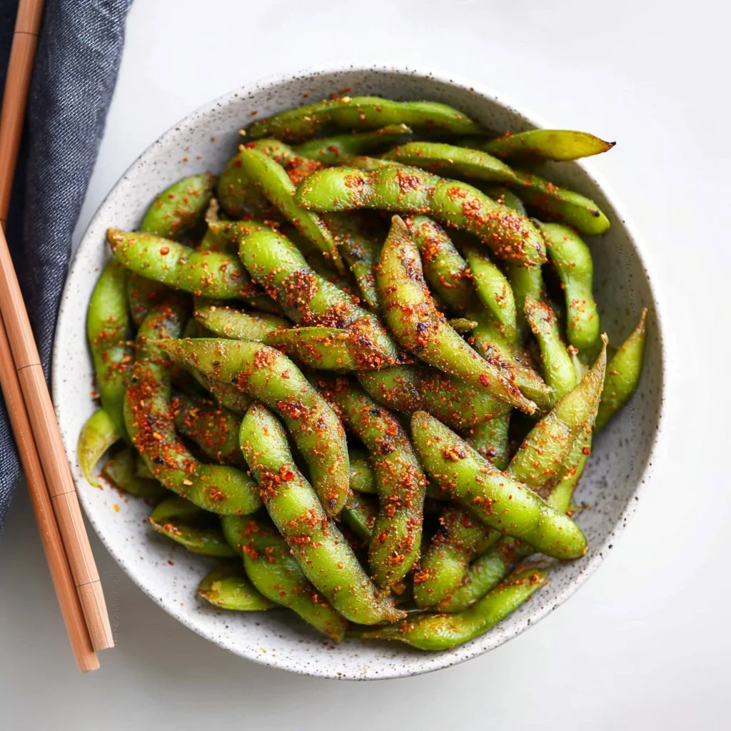 Plate of spicy garlic edamame with a sprinkle of chili flakes and garlic.