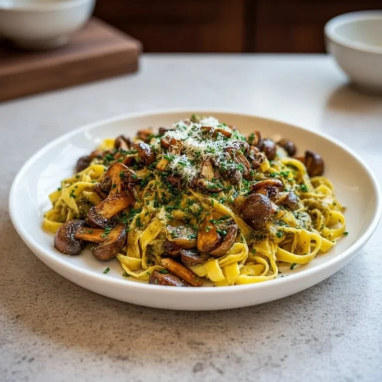 Fresh tagliatelle pasta with miso pesto and garlic mushrooms in a bowl