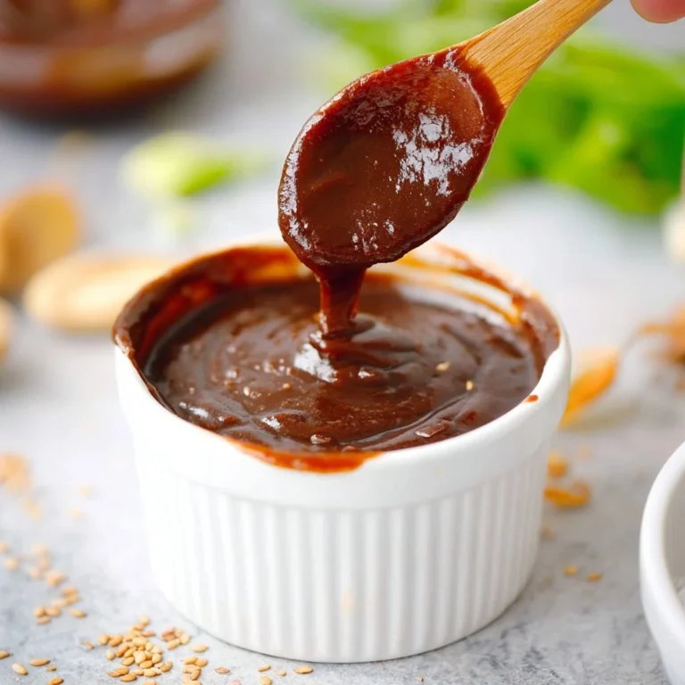 Bowl of homemade hoisin sauce with fresh ingredients on a wooden table