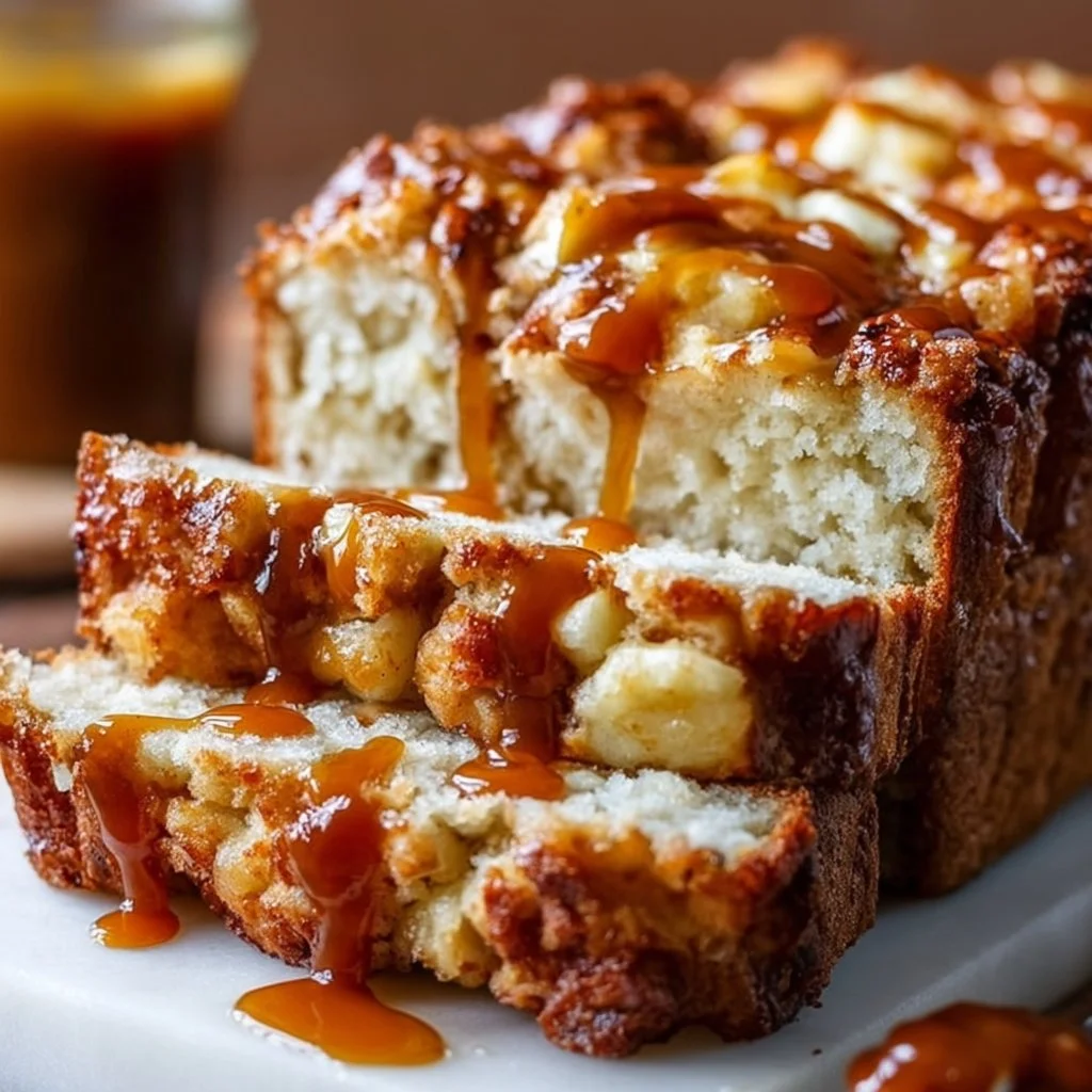 Delicious caramel apple fritter bread baked with sweet caramel and apple pieces