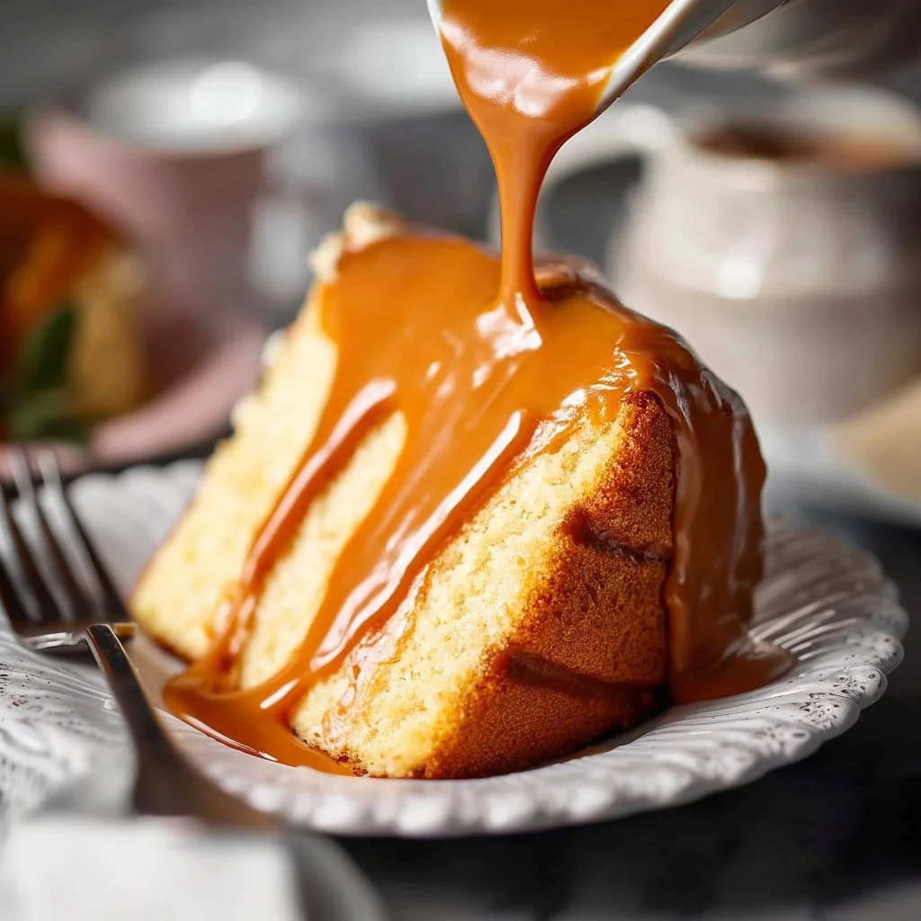 Delicious homemade caramel cake topped with rich caramel sauce