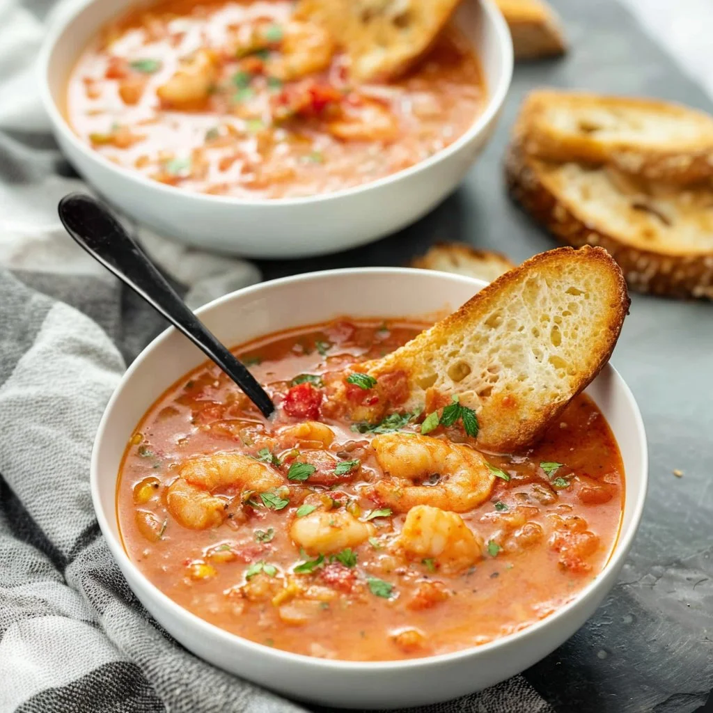 A bowl of Brazilian Shrimp Soup showcasing shrimp, spices, and fresh herbs.