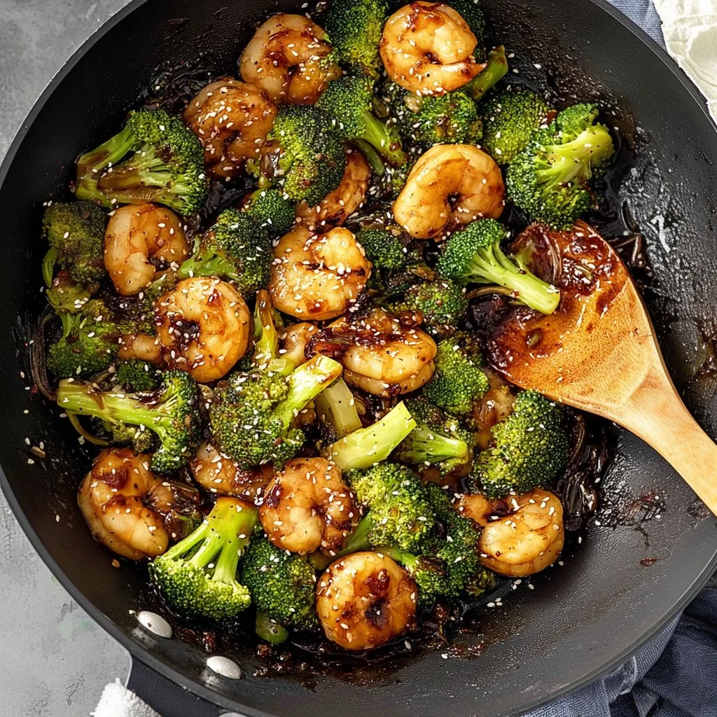 Delicious shrimp broccoli stir fry in a colorful dish, showcasing fresh ingredients.